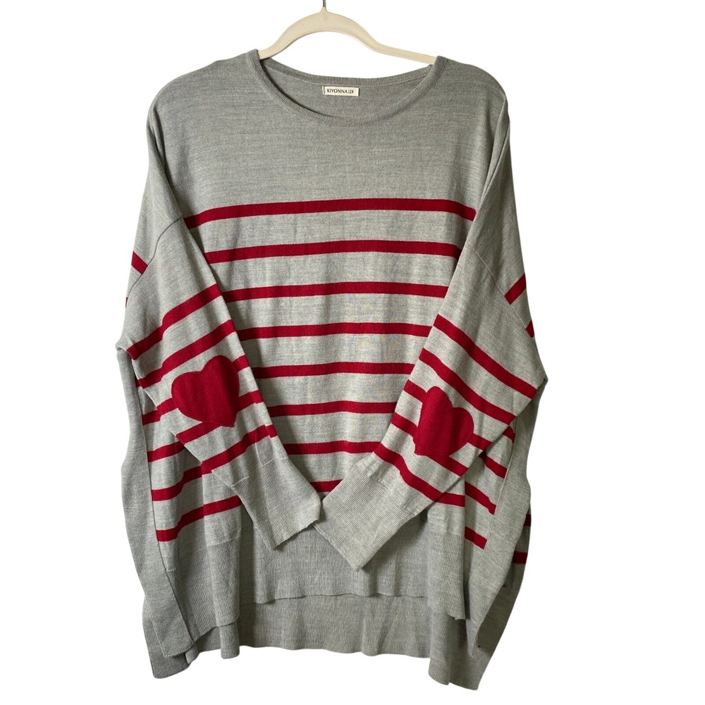 Kiyonna Striped Heart Elbow Patch Sweater Women Plus 2X Gray Red Valentines Day